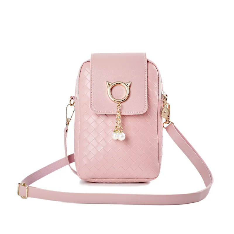 

Women's PU Leather Mobile Wallet Rhombic Embossed Pearl Tassel Charm Bag 2020 Autumn New Sweet Shoulder Bag Mini Messenger Bag