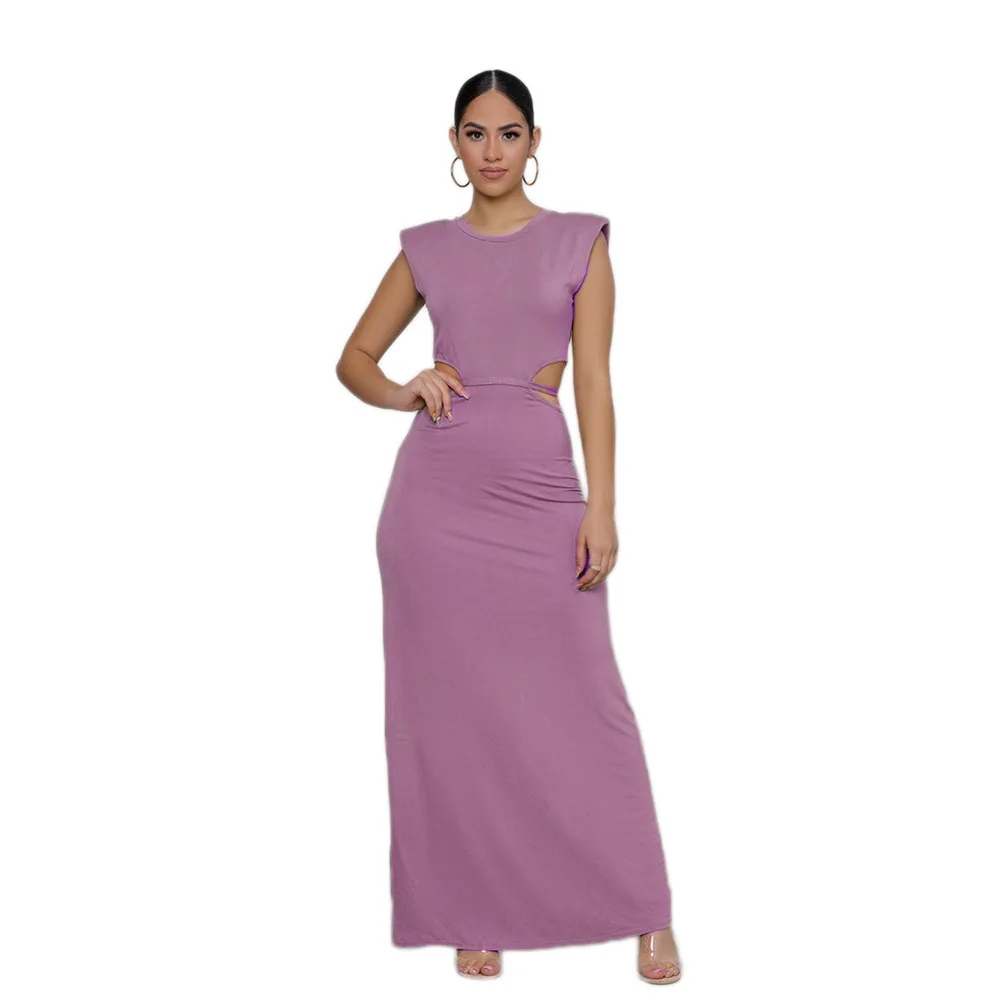 

Summer Women's Solid Long Maxi Dresses Casual Slim Sleeveless Hollow Out Bandage Dress 2021