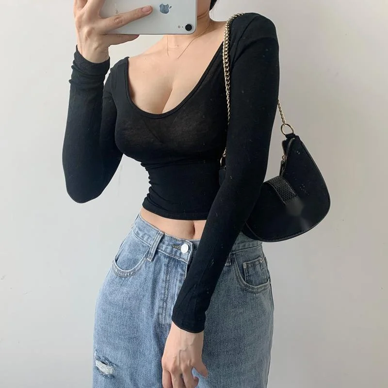 

Transparent New Round Neck Korean Big Bust Solid Color Perspective Mesh Thin Basic Elasticity Long Sleeve T-shirt Tops Tees Q88V