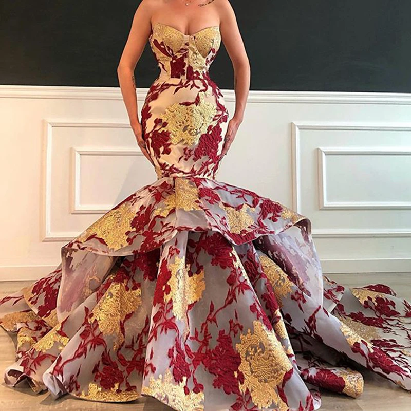 

Colorful Mermaid Evening Dresses Long 2021 Arabic Sexy Floral Print Sweetheart Neck Tiered Women Formal Gowns robe de soiree