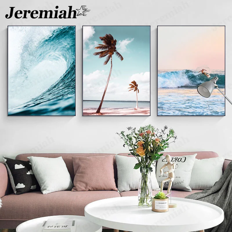 

Nordic Seascape Canvas Decoration Poster Ocean Wave Coconut Tree Surfing Scenery Painting Wall Art Modern Living Room Decoration