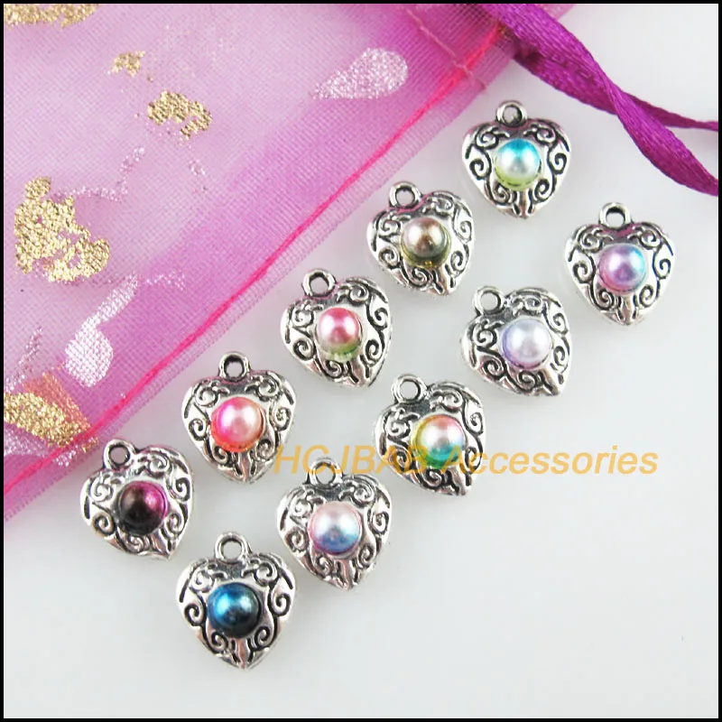 

20Pcs Tibetan Silver Tone Heart Mixed Acrylic Flower Charms Pendants 10x11.5mm