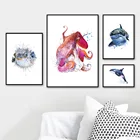 Плакат и принт в скандинавском стиле с изображением китов, акулы, медузы, осьминога, дельфина, рыбы