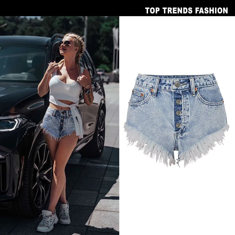 

Summer Women Denim Shorts Trend High Waisted Breasted Washed Light Blue Jeans Shorts High Street Lady Trousers Sexy Beach Shorts