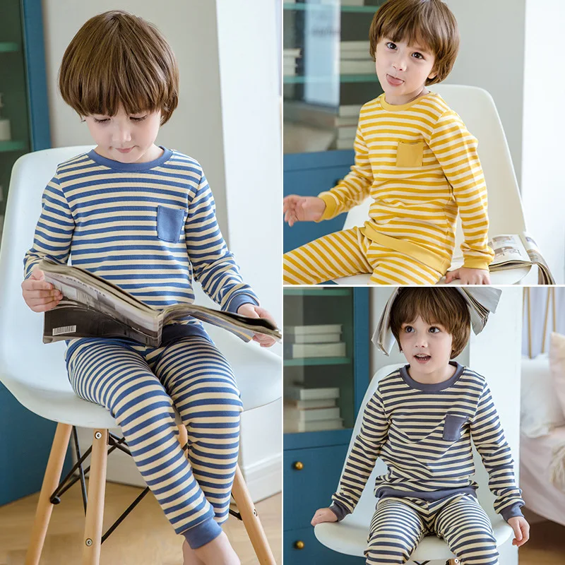 

Baby Kids Sleepwear Autumn Long Sleeve Cartoon Striped Boys Girls Pajama Sets Cotton Thermal Underwear Children Clothing Homwear