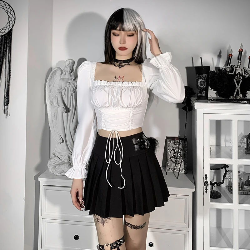 Женская Винтажная футболка на шнуровке с квадратным вырезом и длинным рукавом |