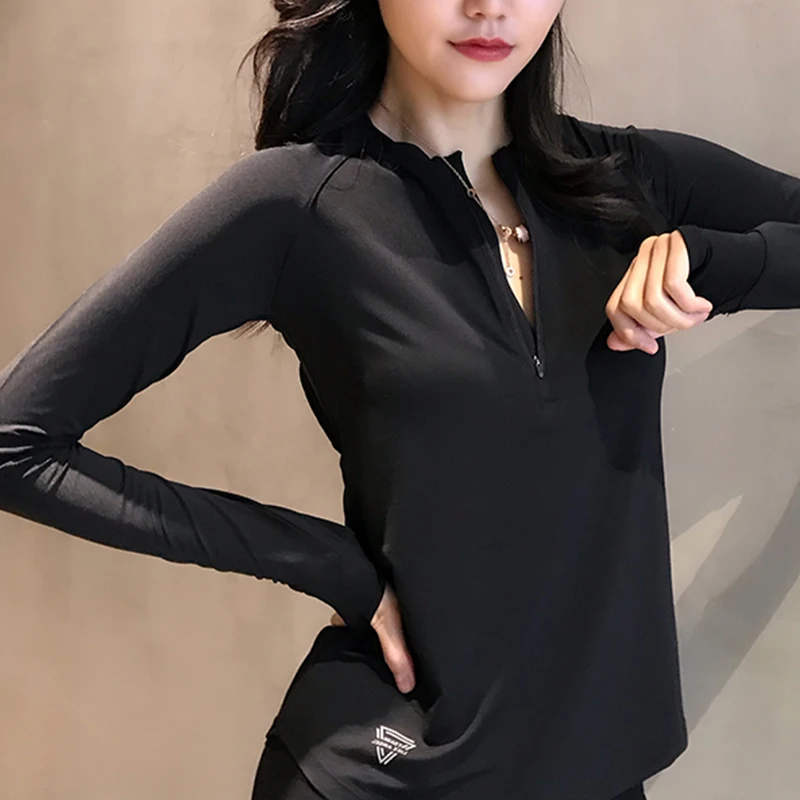 black Zhangyunuo, укороченный топ для спортзала, драпировка, женская рубашка для тренировок, Спортивная, половина молнии, энергетическая, для фитнеса, йоги, топы, сухая, облегающая, однотонная, одежда для активного отдыха - Цвет: black