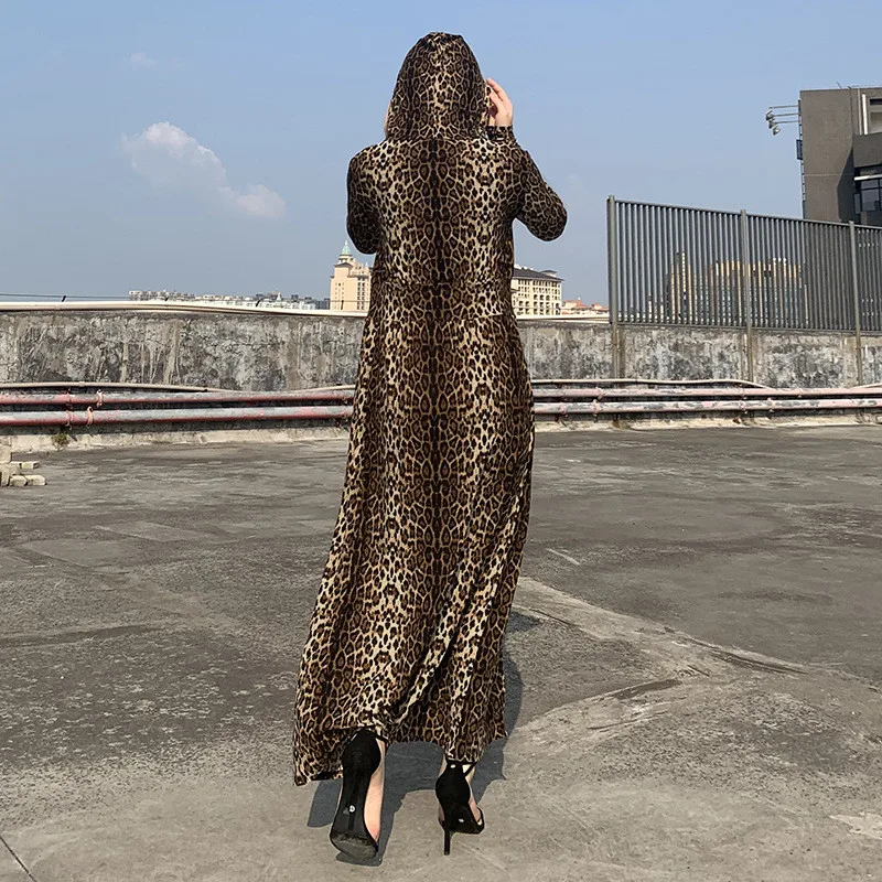 Hugcitar leopard print long sleeve hooded trench coats autumn winter women streetwear windbreak outfits