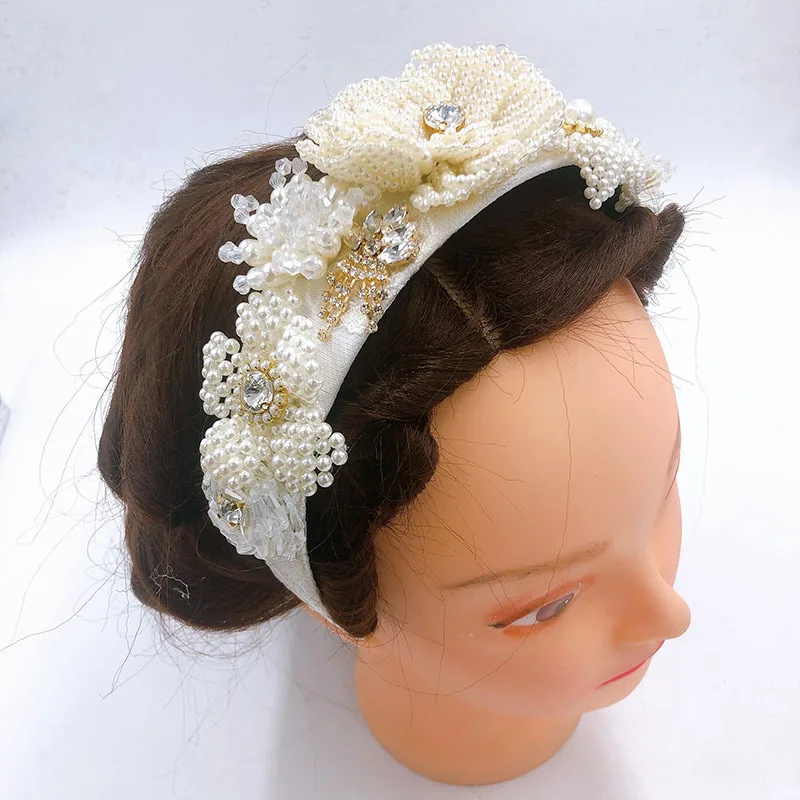 

Handmade White Small Pearl Luxury Baroque Tiara Headbands Women Big Flower Crystal Rhinestone Hairband Crown Bohemia Headwear514