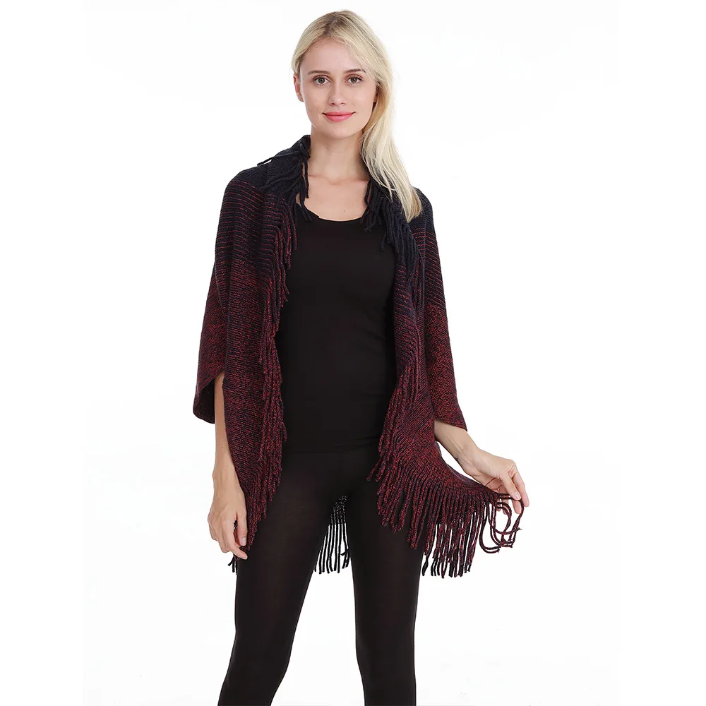 

Women Striped Poncho Artificial Cashmere Scarf Short Sleeve Wrap Air-conditioned Room Tippet With Tassels Office