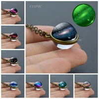 glow in dark vintage women galaxy double side glass ball necklace nebula planet universe pendant necklace outer space jewelry