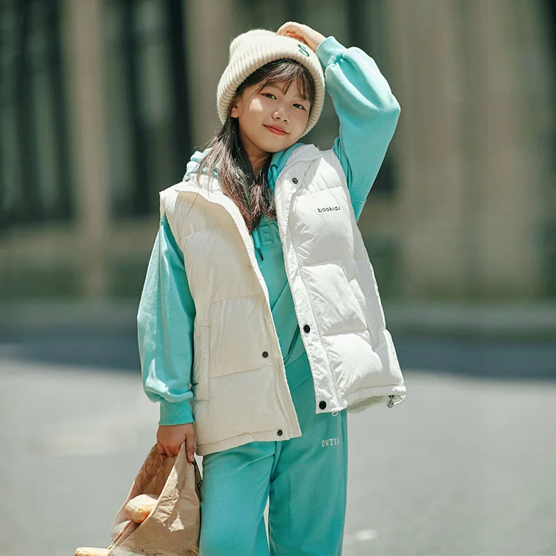 

Girls' down vest 2021 winter new children's light white duck down short solid color winter down vest 7-16