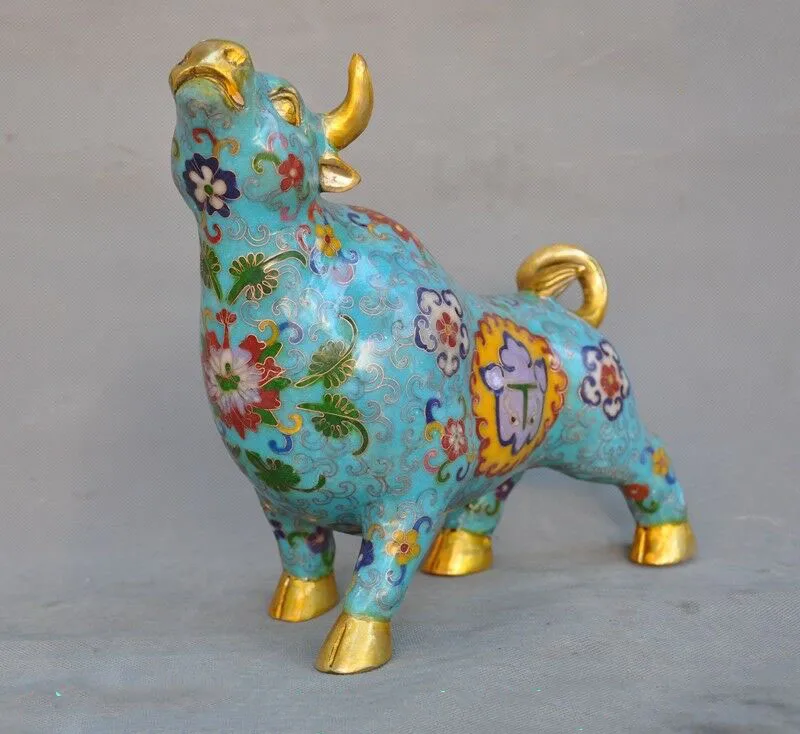 

wedding decoration Old Chinese Feng Shui bronze Cloisonne enamel Gilt Zodiac animal Ox Bull statue