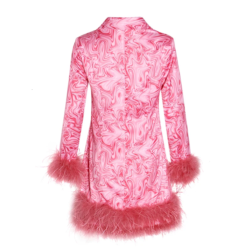 GALCAUR с рисунком из кусков платье украшенное перьями для Для женщин отворотом