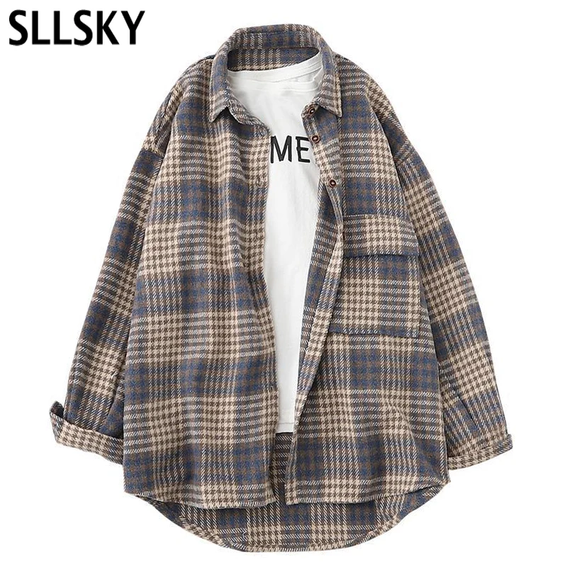 

Sllsky Plaid Long Women's Shirt Autumn Winter 2020 New Retro Hong Kong Style Coat Shirt Long Sleeve Lapel Women's Plaid Shirt