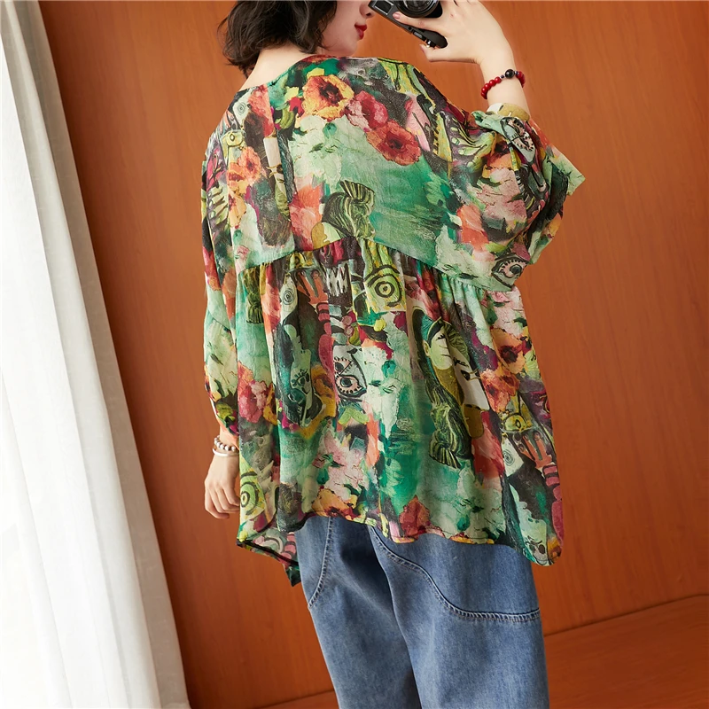 Oladivi de talla grande estampado de moda Blusa de gasa de mujer Primavera Verano 2021 nuevo 3/4 de manga suelta gran tamaño superior Tee grande túnicas