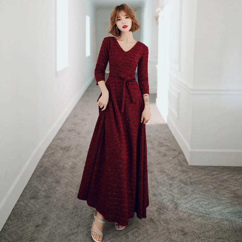 Женское длинное вечернее платье AE607 винно-Красное Кружевное Платье-трапеция с