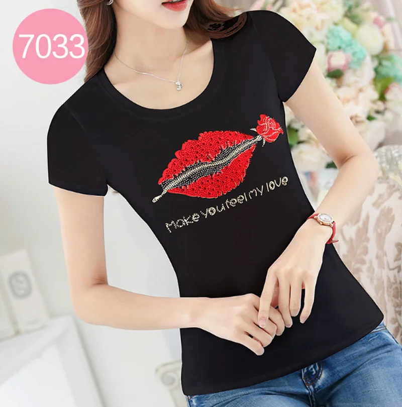 Женская футболка Стразы с красными губами коротким рукавом 2019 Новые летние топы