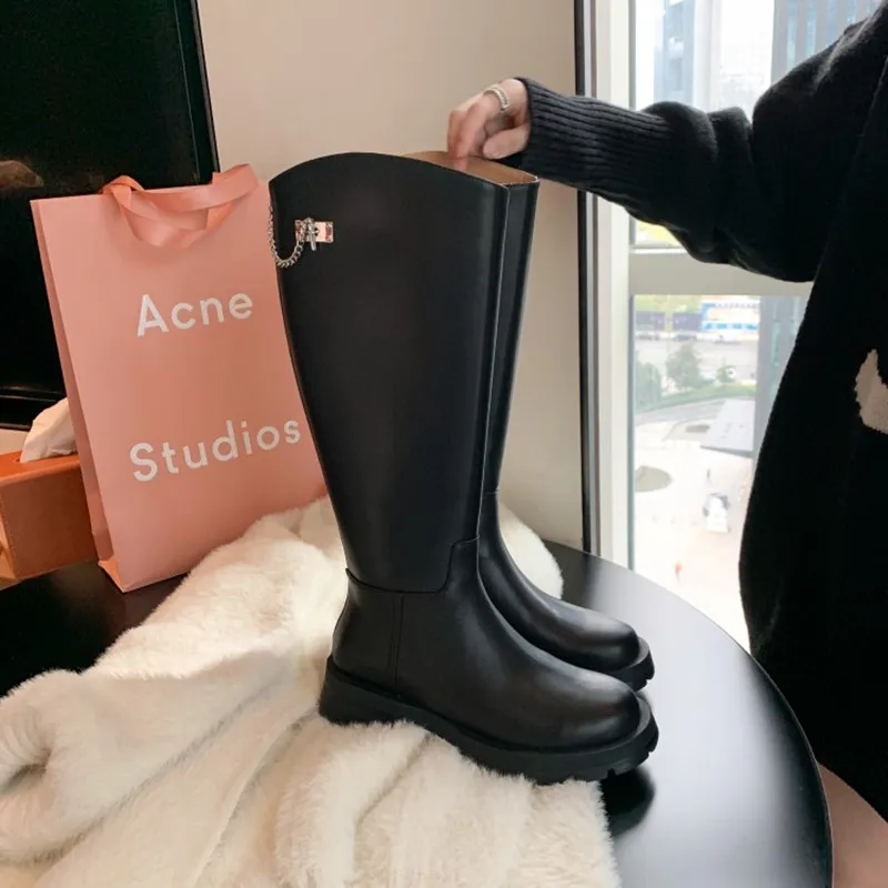 

Ochanmeb Natural Cow Leather Kneehigh Riding Boots Women's Metal Chain Zipper Platform Long Boots Black Burgundy Shoes Winter 42