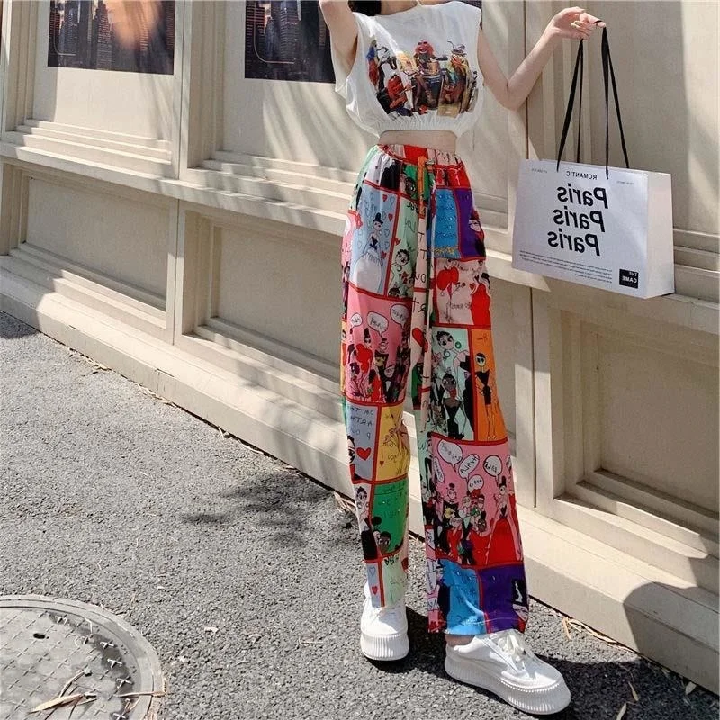 

Размера плюс жареные Модные женские летние повседневные свободные брюки с широкими штанинами с мультяшным рисунком стройнящие корейские б...