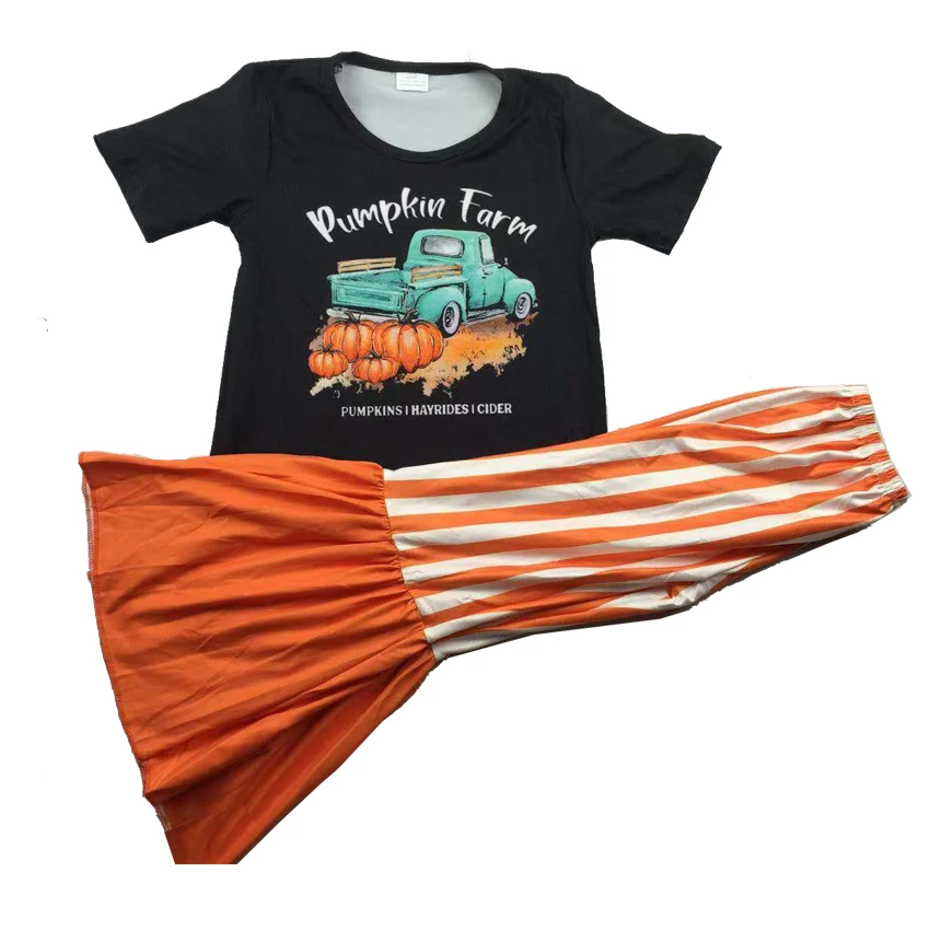

Kids wear clothes with pumpkin print bell pants baby girl clothing set