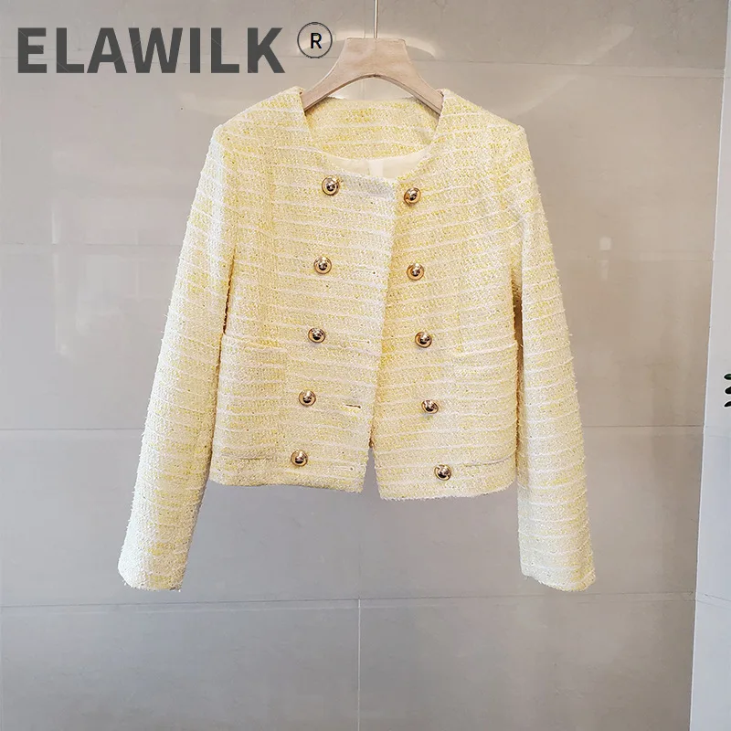 

Новое поступление 2021, женские двубортные твидовые куртки во французском стиле с круглым вырезом B390