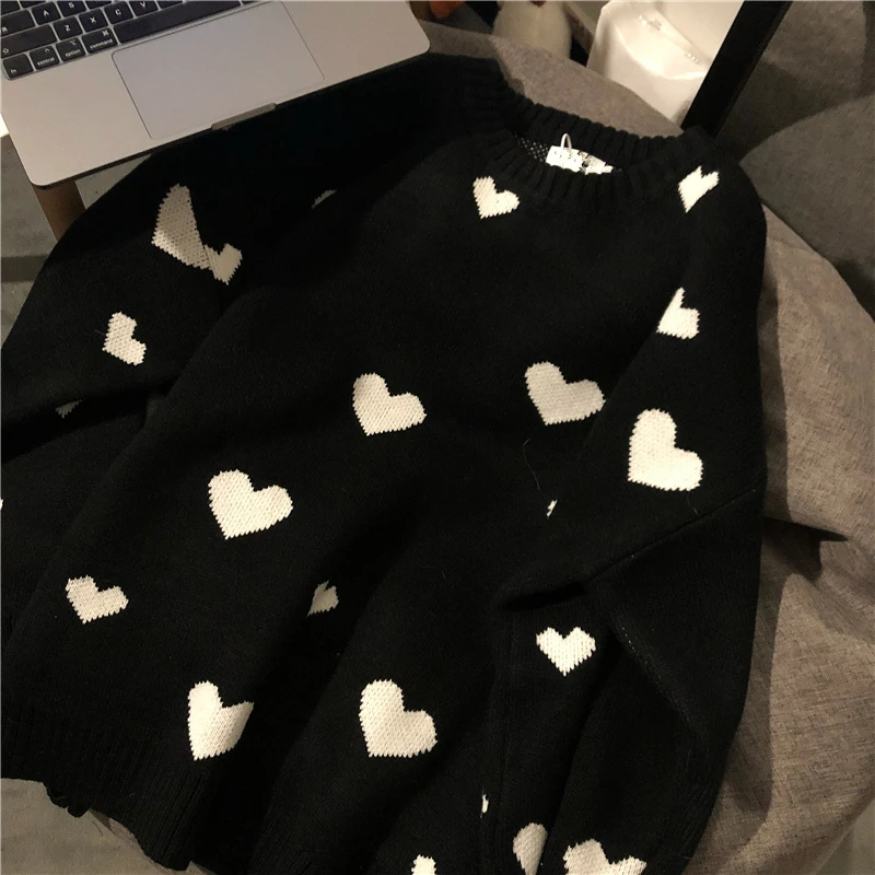 

Nomikuma 2020 Autumn Winter Women Sweater Korean Love Heart Knitted Pullover Tops Causal Long Sleeve O-neck Pull Femme b037