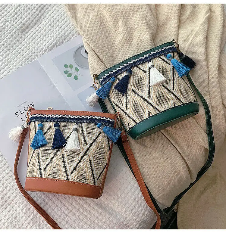 

New Fashion Bohemian Woven Handbag Straw Rattan Wicker Sling Bag Beach Casual Clutch