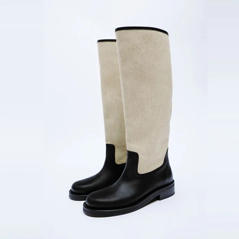 

Женские кожаные сапоги до колена Za, теплые высокие сапоги на толстой подошве в стиле пэчворк, зимние сапоги для верховой езды на массивном к...