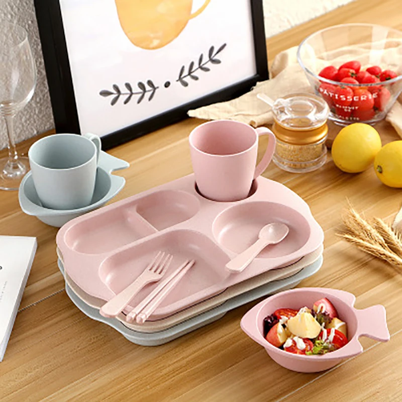 ONEUP Wheat Straw Children's Dinner Plate Bowl Cup Set Lunch Divider Cartoon Baby Anti-fall Tableware | Дом и сад