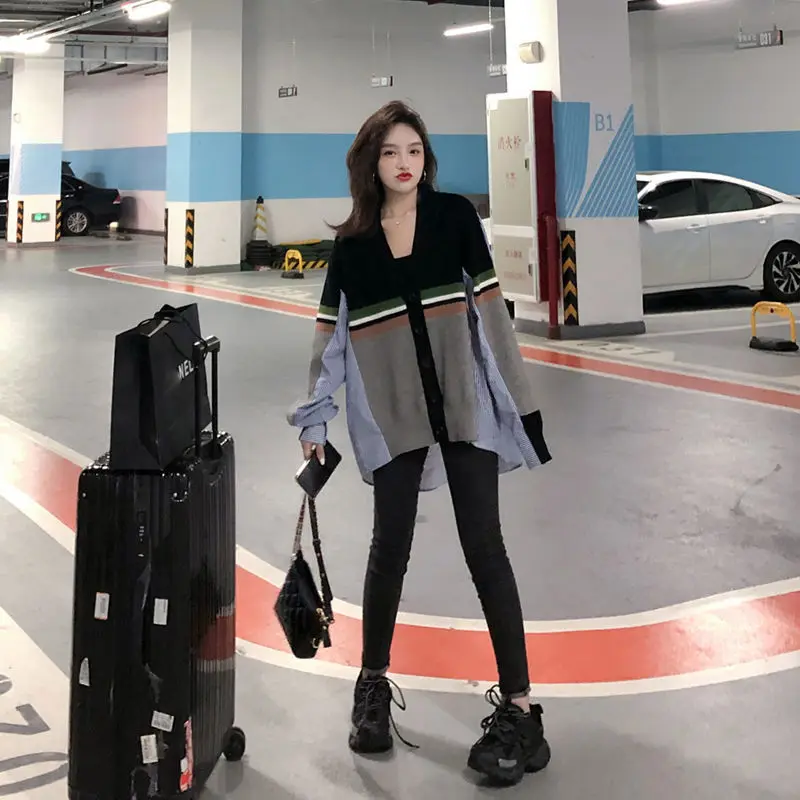 

Fake two-piece striped shirt women's new stitching foreign style sweater coat large size knitted cardigan