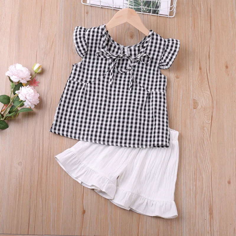 

Children Clothes Set New Summer Plaid Print Flying Sleeveless Tops + White Shorts 2Pcs Girl Clothing Outfit