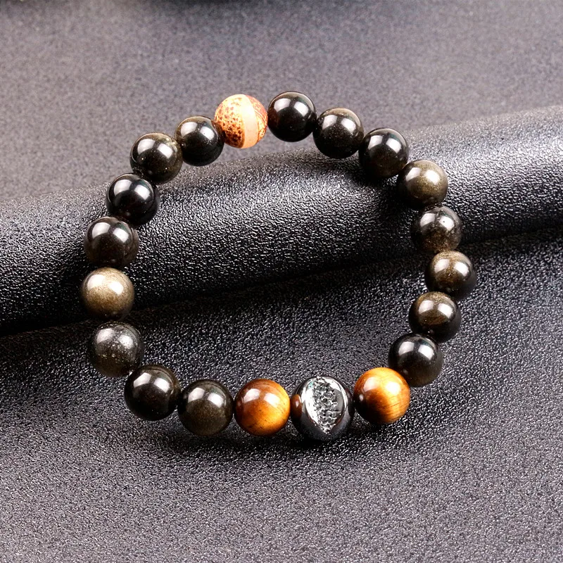 10mm Gold Obsidian Stone with Tiger Eye Beads Men Women Unisex Wristband Black Wealth and Good Luck Bracelet | Украшения и