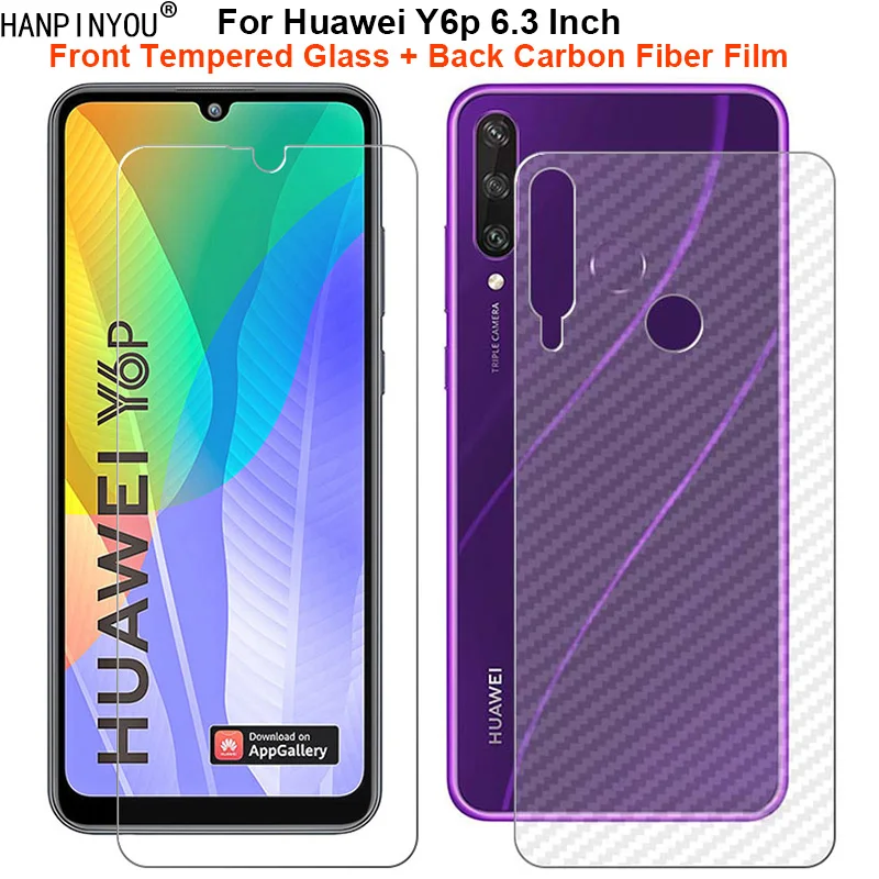 

Для Huawei Y6p 6,3 дюйма 1 комплект = мягкая задняя пленка из углеродного волокна + ультратонкое прозрачное закаленное стекло для переднего экрана