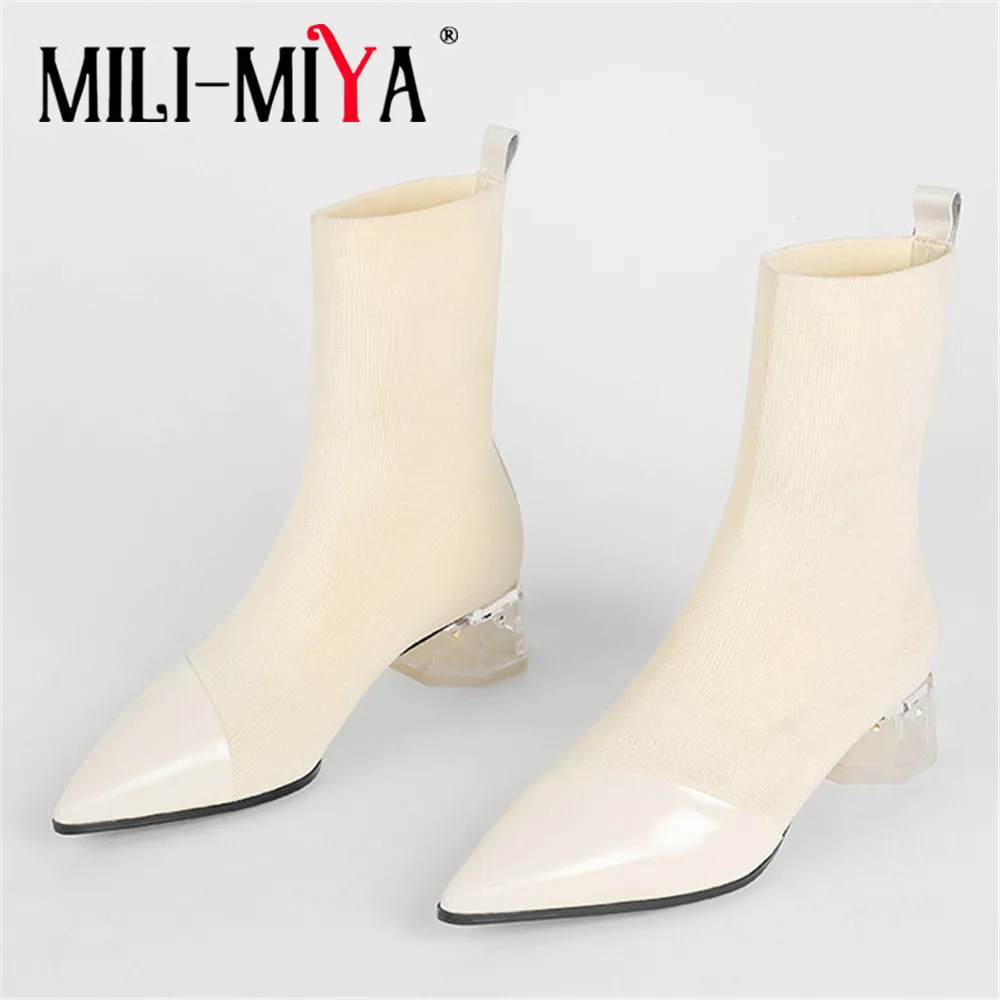 

MILI-MIYA Autumn New Ankle Boots Beige Patent Leather Short Wedding Shoes Luxury Transprent High Heels Sexy Pointed Toe Big Size