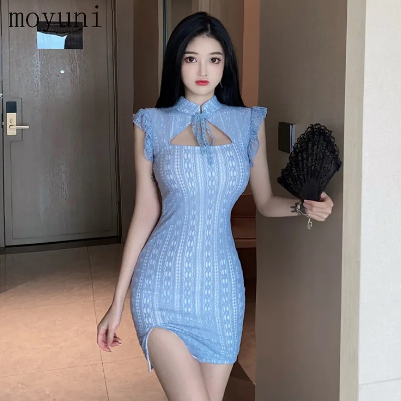 

Sexy Lace Stitching Stand-Collar Hollow-out Split Cheongsam Dress 2021 Summer New Slim Slimming Sheath Dress for Women Elegant