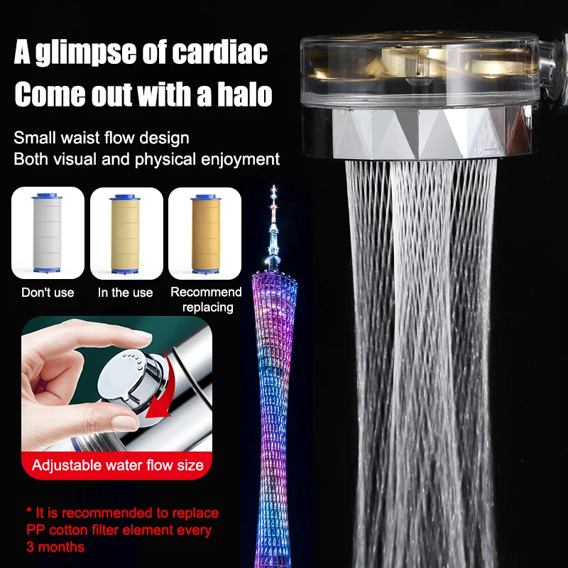 Вращающаяся на 360 ° мощная насадка для душа регулируемая турбо с сильным током