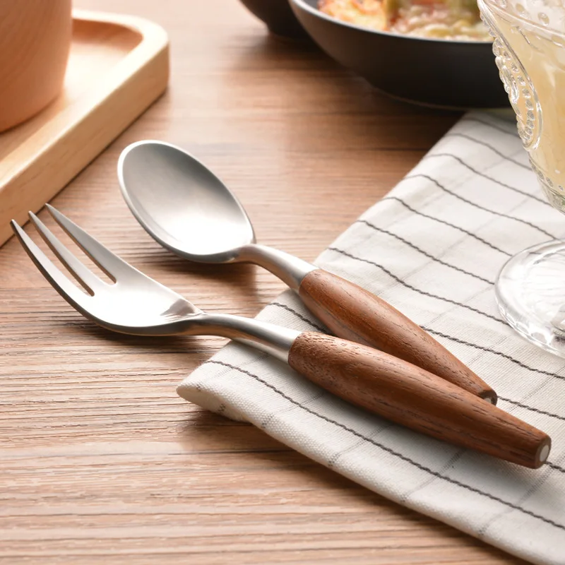 Wooden Handle Spoon Natural Cutlery Set Tableware Household Products Metal 304 Stainless Steel Knife, Fork And Spoon Dinnerware