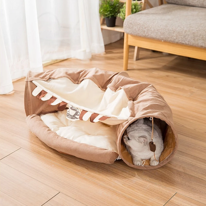

Cat Tunnel Bed with Mat Collapsible 2 Way Tube with Scratching Ball Interactive Play Toys Cat Hideout House for Cat Puppy