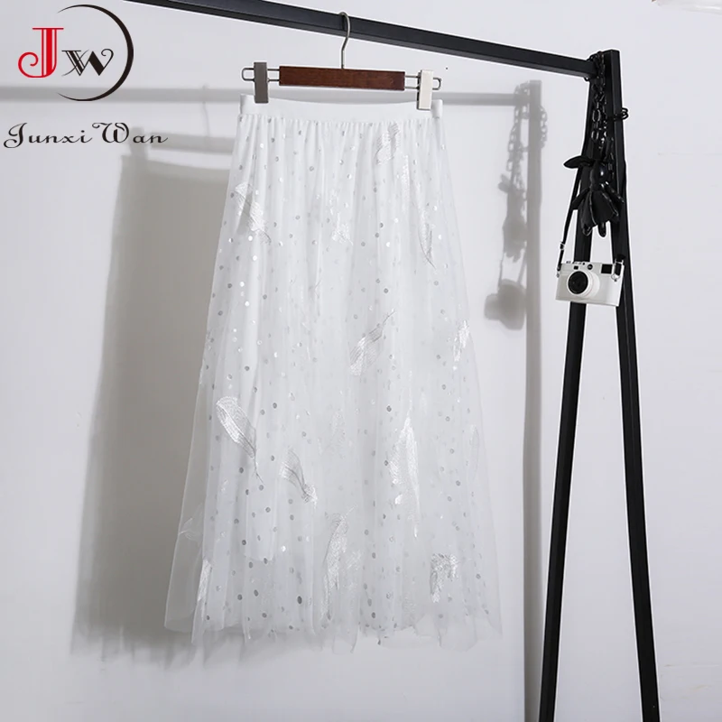 

Spring Summer 3 Layers Mesh Long Skirts Women High Waist Embroidery Feather Polka Dot Elegant Office Ladies A-Line Pleated Skirt