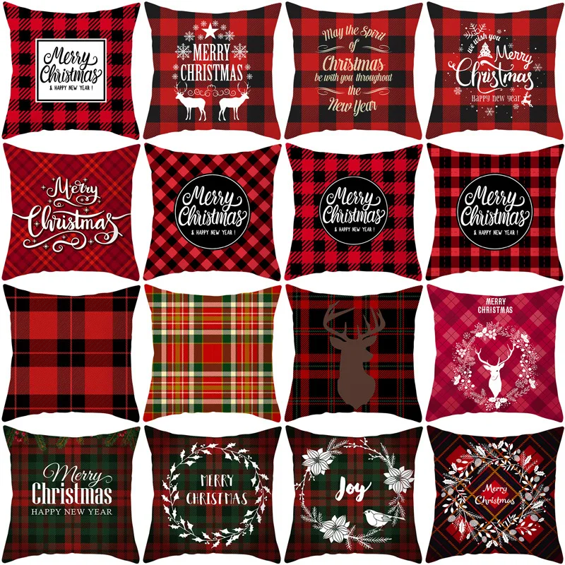 

2020 Merry Christmas Gift Cushion Cover Polyester Red Plaid Decoration Pillow Cover for Home Sofa Throw Pillowcase 45X45cm