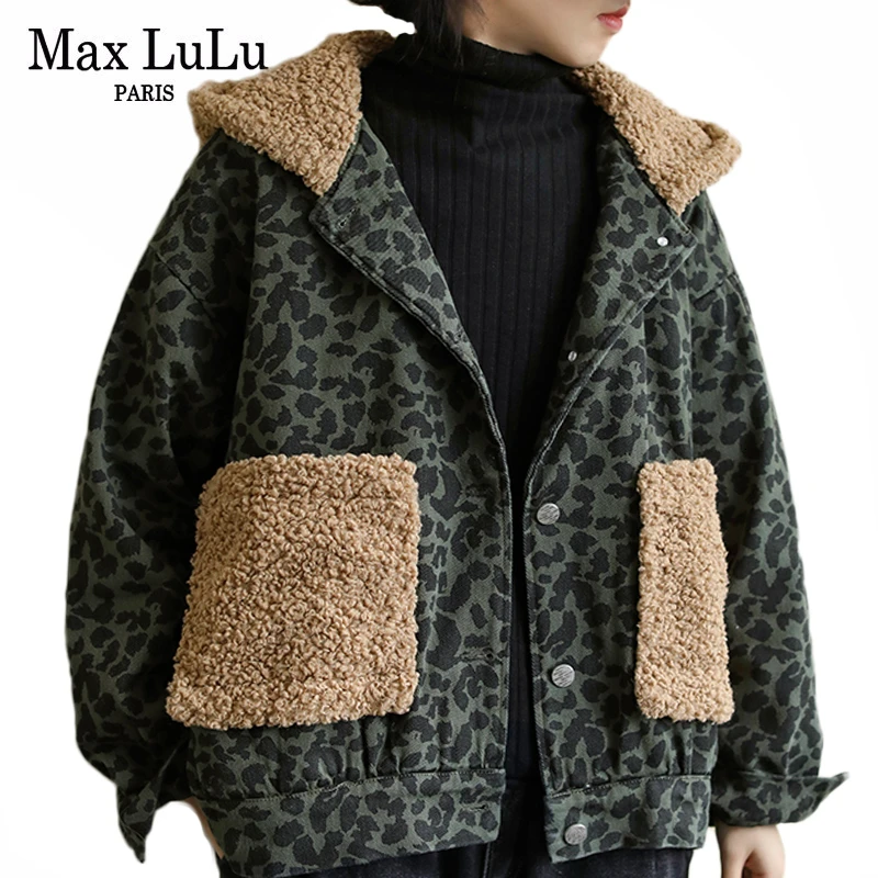 Max LuLu, корейская мода, зимние джинсовые куртки, женская одежда в стиле панк, женские леопардовые стеганые пальто с капюшоном, утепленные меховые парки