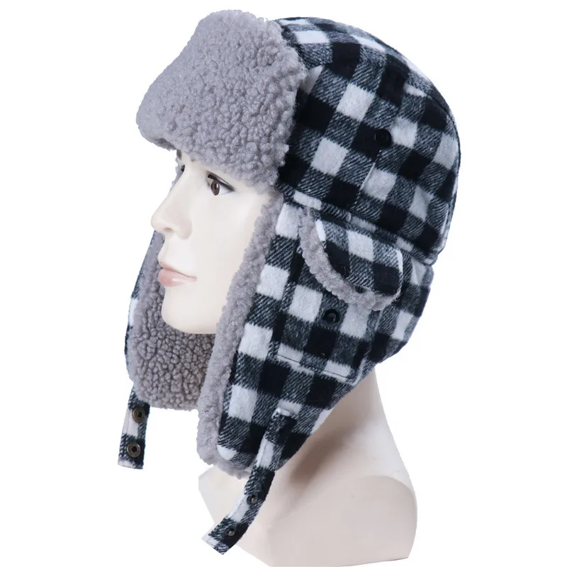 

Autumn&Winter Bomber Hats Plush Earflap Lamb wool Plaid Snow Cap Pilot Earflap Trapper Northeast warm hat Lamb wool Lei Feng hat