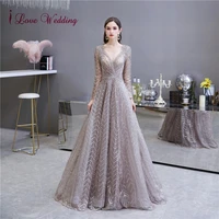 luxury evening dresses long gray lace crystal beaded a line long sleeves formal gown sexy v neck party dresses