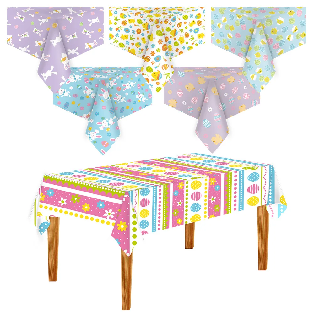 

Happy Easter Party Rabbit Eggs Print PE Tablecloths Bunny Themed Picnic Rectangle Table Cover Dining Decoration for Holiday Home