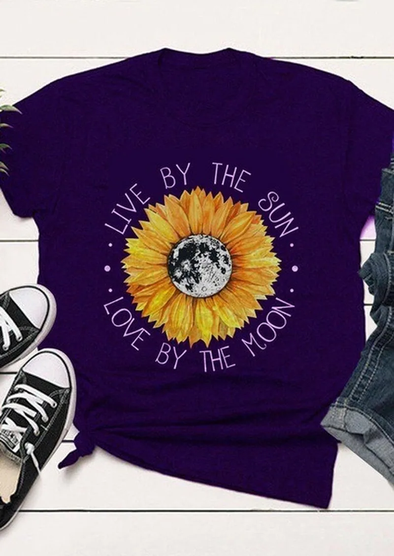 

Sun Moon Sunflower Print T Shirt Women Short Sleeve O Neck Loose Tshirt Summer Women Tee Shirt Tops Camisetas Mujer