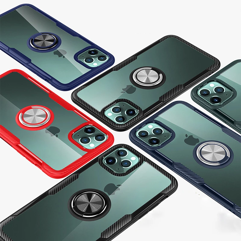 

Transparent Shockproof Case For iPhone 12 11 Pro Max XS X R XR 7 8 Plus Clear Full Armor Shell Back Cover With Ring Stand Holder