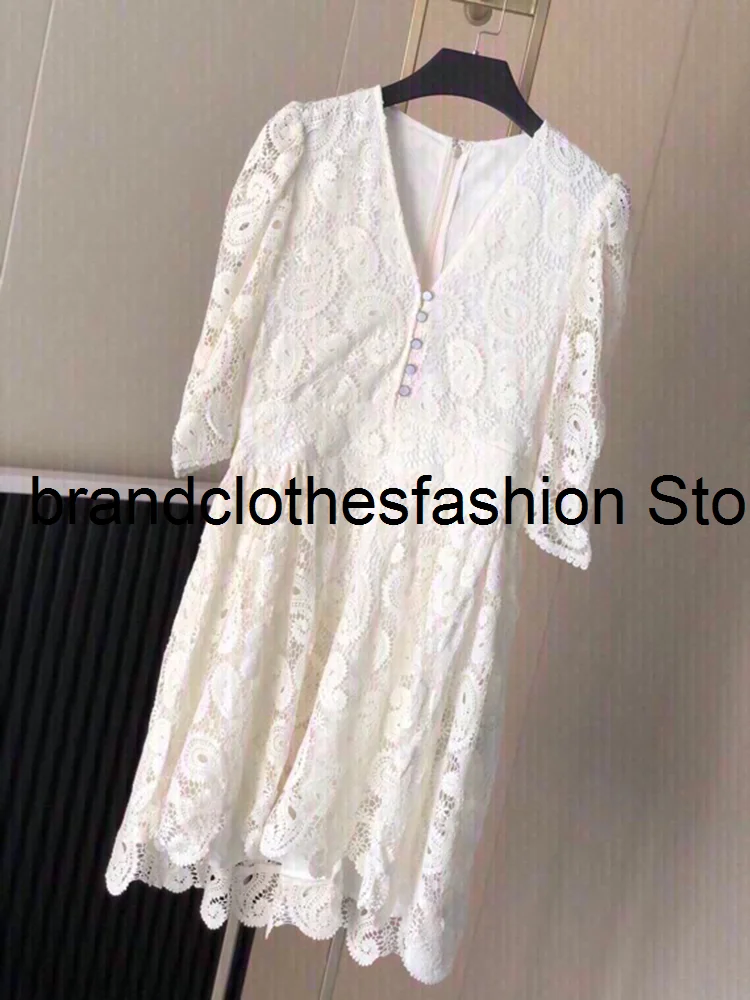 

2021 Fashion White Hollow Out Flower Embroidery Mini Lace Dress Women High Quality V-Neck Half sleeve Tight Waist Dresses Lady