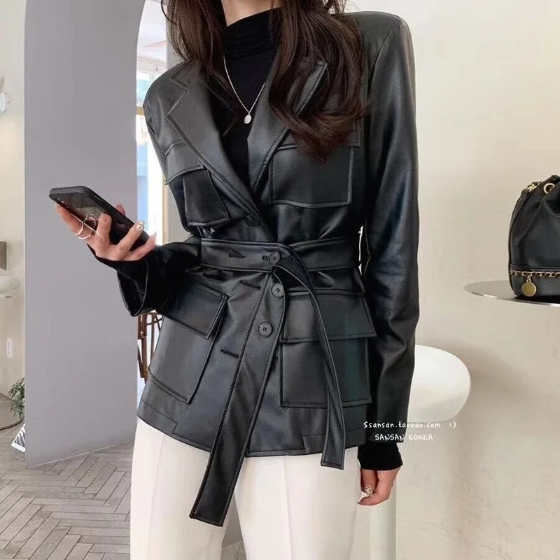 

Autumn Spring Black White Real Sheepskin Genuine Leather Suit Jackets Womens Overcoat Korean Jacket Coats Ladies Suits Outerwear
