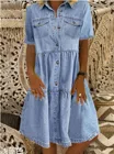 Женское платье с коротким рукавом, однобортное ТРАПЕЦИЕВИДНОЕ джинсовое платье с отложным воротником и карманами, женская одежда, 2021